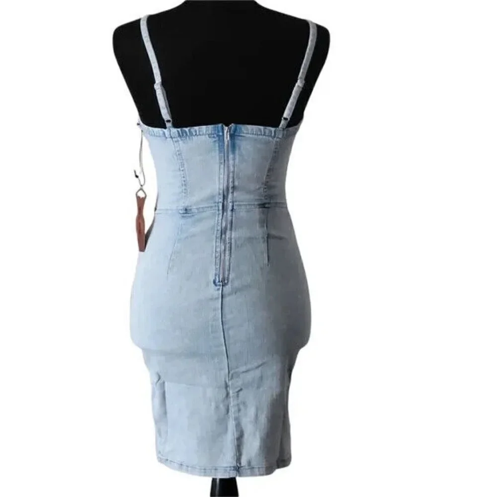 Acid Wash Sweetheart Neckline Denim Bustier Mini Dress with Stretch - Picture 8 of 12